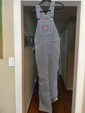 Dickies Red Logo on Navy and White Striped Fabric